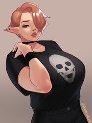 1girls black_fingernails black_t-shirt blue_eyes breasts brown_hair choker clothed degeneratepai ear_piercing earrings elf female female_only goth gothic hair_over_one_eye huge_breasts lips looking_at_viewer original piercing pointy_ears short_hair solo teeth