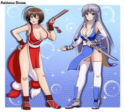 2girls alternate_costume alternate_outfit big_breasts cleavage clothing cosplay dead_or_alive dress duo female female_only japanese_clothing kasumi_(doa)_(cosplay) king_of_fighters large_breasts legwear light-skinned_female light_skin long_hair mai_shiranui_(cosplay) medium_breasts miya_asama musubi patdarux revealing_clothes sekirei short_hair smile snk stockings tagme tecmo thighhighs white_legwear