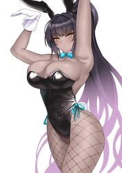 1girls 2021 absurdres animal_ears armpit armpits arms_up bangs bare_shoulders black_hair black_leotard blue_archive blue_bow bow breasts cleavage closed_mouth cowboy_shot crimecrime dark-skinned_female dark_skin detached_collar earrings female female_focus female_only fishnet_legwear fishnet_pantyhose fishnets gloves high_ponytail highres jewelry karin_(blue_archive) karin_(bunny)_(blue_archive) large_breasts leotard long_hair playboy_bunny rabbit_ears rabbit_tail sidelocks solo solo_female tail very_long_hair white_background white_gloves wrist_cuffs yellow_eyes