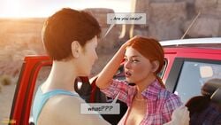 3d brown_hair car clothed clothing dialogue english_text goldenmaster katy_(goldenmaster) orange_hair outdoor outdoors outside plaid_shirt red_hair sci-fi science_fiction shirt waking_up