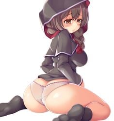 ass_cleavage ass_focus big_ass big_breasts black_footwear blush bottomless braided_hair brown_hair bubble_butt butt_crack capelet dat_ass female female_only hood huge_ass kantai_collection kurokoshou_(emuburemu123) long_sleeves looking_back panties shinshuu_maru_(kantai_collection) sitting socks solo wariza