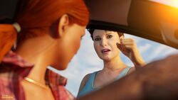 2girls 3d brown_hair car clothed clothing depth_of_field goldenmaster in_car katy_(goldenmaster) mature mature_female milf orange_hair outdoor outdoors outside plaid_shirt red_hair sci-fi science_fiction shirt short_hair waking_up