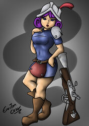 1girls belly_button big_breasts blue_and_purple_eyes blush breasts cape clash_(series) clash_royale female female_only gun hand_over_breast helmet kissing looking_at_viewer musketeer musketeer_(clash_royale) purple_hair safe_for_work shiny shiny_clothes shiny_skin solo solo_female tagme