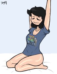 2022 barefoot black_hair bottomless breasts_visible_through_clothing closed_eyes dyllzone full_body lifting_arms light-skinned_female long_hair maddie_(dyllzone) no_bra original_character original_characters shirt_logo shirt_only signature stretching waking_up