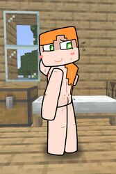 1girls alex_(minecraft) bahamutgreen blush cubic_body looking_back microsoft minecraft mojang nervous_smile nude nude_female pale-skinned_female solo solo_female square_head sweatdrop