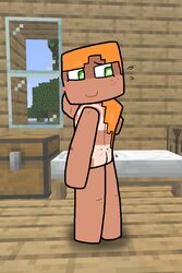 1girls alex_(minecraft) alternate_skin_color bahamutgreen blush cubic_body dark-skinned_female looking_back microsoft minecraft mojang nervous_smile nude nude_female solo solo_female square_head sweatdrop tan tan_skin tanline