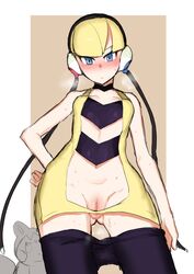 1girls absurdres bangs bare_arms black_choker black_legwear blonde_hair blue_eyes blunt_bangs blush censored choker closed_mouth clothes_pull collarbone commentary elesa_(pokemon) emolga_(pokémon) female from_below hand_on_hip headphones highres ichigai_(hayawossan) looking_at_viewer mosaic_censoring navel pantyhose pantyhose_pull pokémon_(species) pokemon pokemon_(game) pokemon_bw pussy pussy_juice short_hair sleeveless solo sweat