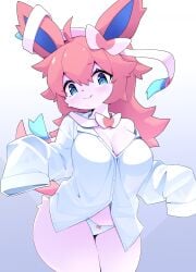 absurd_res adorable anthro biped blue_eyes blush breasts cleavage clothed clothing cute cute_face devil-vox eeveelution female female_only fur generation_6_pokemon hair hi_res looking_at_viewer nintendo panties pink_body pink_fur pink_hair pokemon pokemon_(species) simple_background sleeves_past_wrists smile smiling_at_viewer solo solo_female sylveon underwear white_background