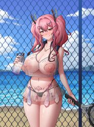 1girls :q alternate_version_available areola azur_lane belly big_areola big_breasts body_writing bremerton_(azur_lane) bremerton_(scorching-hot_training)_(azur_lane) cameltoe condom condom_accessories condom_belt cum_in_bottle cum_in_container eagle_union_(azur_lane) filled_condom filled_condoms heart-shaped_pupils highleg highres holding holding_object light-skinned_female light_skin looking_at_viewer midriff miniskirt navel navel_piercing nipples nipples_visible_through_clothing no_bra pierced_belly_button pierced_navel piercing pink_eyes pink_hair poper pubic_tattoo see-through see-through_clothing skirt standing stray_pubic_hair sweat sweatdrop thick_thighs thighs thong_above_skirt tongue tongue_out top topwear used_condom used_condoms