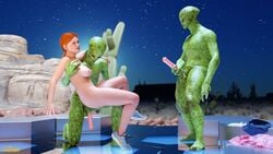 1girls 2boys 3d alien carrying carrying_partner female goldenmaster katy_(goldenmaster) large_breasts male night nude nude_female nude_male orange_hair outdoor outdoor_nudity outdoors outside red_hair sci-fi science_fiction seductive seductive_smile side_view smile standing