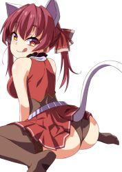 animal_ears ass bare_shoulders breasts cat_ears cat_tail come_hither female for-somebody from_behind hair_ribbon heterochromia hololive hololive_fantasy hololive_japan houshou_marine large_breasts leotard long_hair looking_at_viewer looking_back naughty_face orange_eyes red_eyes red_hair ribbon shiny shiny_hair shiny_skin sideboob sitting skirt smile solo tail thighhighs tongue tongue_out twintails virtual_youtuber wariza