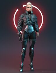 1girls 3d armor blonde_hair bodysuit clothed clothing cute female female_only freyr front_view gun high_heels jacket large_breasts pinup sci-fi science_fiction short_hair simple_background slushe_(website) solo solo_female wide_hips