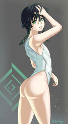 1boy 2021 arm_up ass ass_focus big_ass braid braids crossdressing dat_ass femboy genshin_impact girly green_eyes grey_background looking_at_viewer male male_focus male_only side_view simple_background smile solo solo_male standing swimsuit swimwear teeth thighs trap twin_braids two_tone_hair venti_(genshin_impact) white_swimsuit white_swimwear xauching