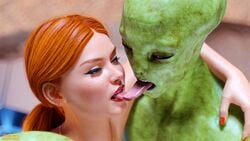 1girls 2boys 3d alien female goldenmaster katy_(goldenmaster) kissing lipstick male night nude nude_female nude_male orange_hair outdoor outdoor_nudity outdoors outside red_hair red_lipstick sci-fi science_fiction