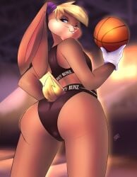 absurd_res anthro ass ball basketball_(ball) big_ass big_butt bottomwear clothing female hi_res lagomorph leporid lola_bunny looking_at_viewer looney_tunes mammal neph rabbit solo warner_brothers