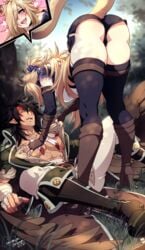 1boy 1girls abs animal_ear_fluff animal_ears artist_name ass assertive bandages bare_thighs bent_over big_ass black_legwear black_wings blonde_hair blue_eyes blush boots bow cat_ears cat_girl cat_tail catgirl clothes_grab clothes_removed collarbone crescentia crescentia_fortuna english_commentary eye_contact fangs feather_necklace fingerless_gloves fingernails fire_emblem fire_emblem:_radiant_dawn gloves hair_bow hair_over_one_eye hand_on_another's_chest heart heart-shaped_pupils high_heels highres leather_belt long_hair long_nails looking_at_another muscular_male nintendo nipples open_clothes open_mouth original pants pectorals pointy_ears scar scar_on_face shirt_grab short_shorts shorts side_slit side_slit_shorts sidelocks signature smile symbol-shaped_pupils tail tail_raised thighhighs thighs tibarn_(fire_emblem) undressing undressing_partner very_long_hair white_nails white_pants wings yellow_eyes zettai_ryouiki