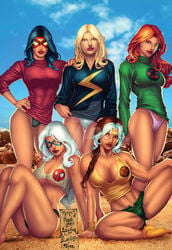 5girls alisson_rodrigues anna_marie black_cat_(marvel) black_hair blonde_hair bra carol_danvers ed_benes ed_benes_studio felicia_hardy fred_benes headband jean_grey jessica_drew leandro_oliveira long_sleeves looking_at_viewer marcio_abreu marvel mask ms._marvel_(carol_danvers) no_pants panties ripped_clothing rogue_(x-men) savage_land sitting spider-man_(series) spider-woman superheroine underwear white_hair wrist_cuffs x-men