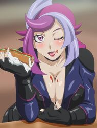 1girls big_breasts blush bodysuit breasts busty cleavage duplicate eating emma_bessho female female_focus female_only fingerless_gloves food gloves highres hot_dog ketchup large_breasts licking_lips lipstick looking_at_viewer makeup makino_tomoyasu naughty_face one_eye_closed pink_eyes pink_lipstick purple_hair short_hair smile solo teasing tongue tongue_out unzipping voluptuous wink yu-gi-oh!