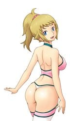 1girls ass back big_ass blue_eyes breasts brown_hair bubble_butt dat_ass gundam gundam_build_fighters gundam_build_fighters_try highres hoshino_fumina large_breasts looking_at_viewer looking_back open_mouth ponytail sideboob smile solo standing thighhighs thighs thong tof voluptuous