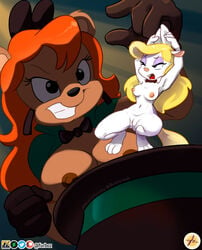 animaniacs anthro bow_tie breasts clothing duo female furboz genitals hat headgear headwear hi_res julie_bruin mammal minerva_mink mink mustelid musteline nipples nude pussy spread_legs spreading tiny_toon_adventures top_hat true_musteline ursid warner_brothers