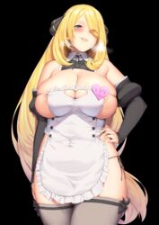 1girls alternate_costume curvaceous curvy curvy_figure cynthia_(pokemon) feet_out_of_frame game_freak hakai_shin hi_res high_resolution huge_breasts human long_hair looking_at_viewer maid maid_apron maid_uniform nintendo plump pokemon standing thick_thighs voluptuous