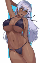 1girls 2021 arm_behind_back arm_behind_head arm_up armpits bangs bikini bikini_in_mouth black_bikini black_swimsuit blush border breasts cleavage closed_mouth cowboy_shot dark-skinned_female dark_skin female female female_focus female_only furrowed_brow groin hai_ookami hair_between_eyes highres huge_breasts light_blue_hair light_smile long_hair looking_at_viewer mouth_hold navel original skindentation solo solo_female stomach swimsuit tan thighs untied untied_bikini very_long_hair white_border yellow_eyes