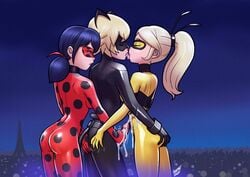 1boy 2girls adrien_agreste ass blush bodysuit butt butt_grab cartoonporn cat_noir chloe_bourgeois cuckquean cum cumshot eiffel_tower female france hair_ribbon handjob kissing ladybug_(character) male marinette_dupain-cheng miraculous:_tales_of_ladybug_and_cat_noir miraculous_ladybug paris queen_bee_(character) ribbons straight superhero superheroine