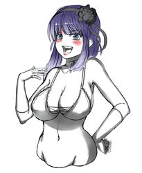 1girls big_breasts bikini bikini_top blue_eyes blush breasts busty cleavage dagashi_kashi female female_only hand_on_hip highres large_breasts lipstick makeup navel open_mouth pink_lipstick purple_hair shidare_hotaru smile sole_female solo thegoldensmurf