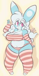 andrew_dickman anthro awd bbw belly belly_button big_breasts blue_body breasts buckteeth cute digital_drawing_(artwork) digital_media_(artwork) exposed_belly exposed_stomach female female_only furry furry_only legwear long_ears looking_at_viewer navel panties pixels_bunni smile smiling_at_viewer solo solo_female stomach thick v_sign white_hair