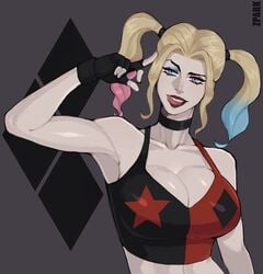 1girls armpits bare_shoulders batman_(series) big_breasts breasts bulging_breasts bustier busty choker cleavage crazy dc dc_comics diamond female female_only fingers grey_background hair_dye harleen_quinzel harley_quinn harley_quinn_(2019) harley_quinn_(series) huge_breasts human human_only humanoid large_breasts looking_at_another multicolored_hair pose simple_background solo solo_female star supervillain_costume supervillainess tongue_out twintails voluptuous zpark