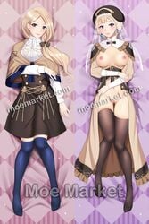 1girls ass_visible_through_thighs bangs bare_midriff blonde_hair blue_eyes dakimakura dress earrings fire_emblem fire_emblem:_three_houses garreg_mach_monastery_uniform hair_over_shoulder hat long_hair looking_at_viewer medium_breasts mercedes_von_martritz midriff moe_market nintendo no_panties on_back on_bed post-timeskip pre-timeskip pussy see-through short_hair side_ponytail smile solo thighhighs veil