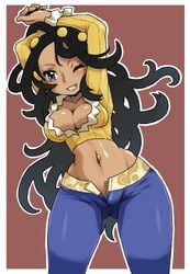 00s 1girls arms_up big_breasts black_hair blue_eyes blush breasts busty child_bearing_hips cleavage creatures_(company) curvy dahlia_(pokemon) dark-skinned_female dark_skin denim female female_only frontier_brain game_freak hip_focus hun jeans large_breasts latina long_hair midriff navel navel_piercing nintendo one_eye_closed open_fly pants piercing pokemon pokemon_(game) pokemon_dppt pose solo thick_thighs thighs toned unzipped very_long_hair voluptuous wide_hips wink