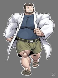 bara beard big_pecs birch_(pokemon) brown_hair bulge bunnywolf facial_hair fully_clothed gay male male_only muscles muscular npc_trainer overweight pokemon solo solo_male wolfiecanem