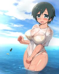 beach big_breasts bikini black_hair blush cleavage embarrassed female female_only kantai_collection kurokoshou_(emuburemu123) looking_at_viewer mogami_(kantai_collection) ocean outside see-through_clothing shirt shirt_pull shirt_tug short_hair solo sweatdrop swimsuit t-shirt tan tanline thick_thighs very_short_hair wardrobe_malfunction water wet_clothes