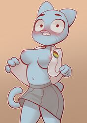 anthro big_breasts blue_body blue_fur blush bottomwear breasts cartoon_network clothed clothing domestic_cat felid feline felis female fur hi_res mammal mature_female nicole_watterson open_clothing open_shirt open_topwear qupostuv35 shirt skirt solo the_amazing_world_of_gumball topwear