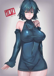 10hmugen 1girls 2015 alternate_version_available areola arm_behind_back artist_name big_breasts black_hair blush breasts clothed clothed_female clothes clothing color colored dated dress erect_nipples erect_nipples_under_clothes female female_focus female_only fubuki_(one-punch_man) gradient gradient_background green_eyes grey_background inverted_nipples jewelry large_breasts light-skinned light-skinned_female light_skin navel necklace one-punch_man partially_visible_nipples see-through see-through_dress short_hair signature solo solo_female solo_focus uncensored underboob