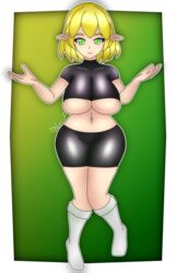 1girls blonde_hair gradient_background green_background green_eyes latex latex_shorts latex_top looking_at_viewer medium_hair mizuhashi_parsee open_arms open_hands pointy_ears shiny_clothes smile socks solo stomach thighs touhou underboob white_legwear yellow_background