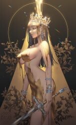 1girls abstract_background crown gold_(metal) large_breasts liquid_metal long_hair love_cacao nude pouring solo standing sword wet