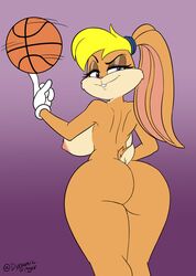 2019 absurd_res anthro ass ball basketball blonde_hair breasts clothing dynamictrigger22 female fingers gloves hair handwear hi_res lagomorph leporid lola_bunny looking_back looney_tunes mammal nipples rabbit scut_tail short_tail solo warner_brothers white_clothing white_gloves white_handwear