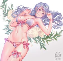 1girls blush flower lingerie long_hair love_cacao medium_breasts pose purple_eyes shiny_hair skindentation solo