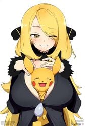 <1_second_video 1girls animated between_breasts big_breasts blonde blonde_hair blush bouncing_breasts breasts clothed clothing cynthia_(pokemon) female hair_ornament hair_over_one_eye hand_on_breast huge_breasts human jiggle jiggling_breasts large_breasts looking_down looking_pleasured nintendo no_sound pikachu plain_background pokemon shorter_than_10_seconds simple_background smile teeth tottotonero video washa white_background yellow_eyes