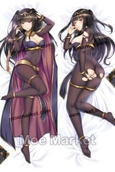 1girls ass back back_view bangs big_ass black_hair black_nails bodystocking book breasts cape cleavage dakimakura dakimakura_design feet female_only fire_emblem fire_emblem_awakening large_breasts legs long_hair looking_at_viewer moe_market nail_polish nintendo on_back on_bed purple_eyes smile solo tharja_(fire_emblem) torn_clothes