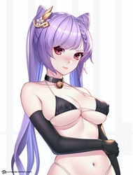 3: arm_across_waist artist_name bangs bare_shoulders bell bell_collar bikini black_bikini black_gloves blush braid breasts closed_mouth collar covered_erect_nipples elbow_gloves eyebrows_visible_through_hair female female_only flower fully_clothed genshin_impact gloves hair_cones hair_flower hair_ornament hand_on_own_arm jingle_bell jurrig keqing_(genshin_impact) large_breasts long_hair navel neck_bell nose_blush purple_eyes purple_hair revealing_clothes skindentation solo strap_gap striped striped_background swimsuit twintails underboob upper_body v-shaped_eyebrows vertical_stripes white_flower