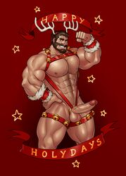 1boy antlers balls bara boner chesschirebacon christmas christmas_outfit erect_penis erection flexing flexing_bicep gay league_of_legends malcolm_graves male male_only muscles muscular penis posing