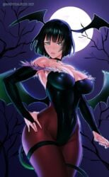 1girls artist_name bangs bat_wings big_breasts black_gloves black_hair black_leotard bob_cut breasts bridal_gauntlets brown_legwear choker cleavage clothing collarbone cosplay covered_navel covered_nipples darkstalkers demon_girl demon_tail demon_wings elbow_gloves female female_only fubuki_(one-punch_man) full_moon gloves green_eyes head_wings highleg highleg_leotard highres hourglass_figure invertoalbedo large_breasts leotard low_wings medium_breasts moon morrigan_aensland_(cosplay) one-punch_man pantyhose parted_lips short_hair slq solo tail thick_thighs thigh_strap twitter_username vampire_(game) wide_hips wings