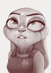 anthro bodily_fluids clothed clothing cum cum_on_face disney female genital_fluids hi_res judy_hopps lagomorph leporid mammal monochrome qupostuv35 rabbit running_makeup solo teeth zootopia