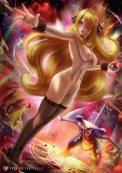 2021 axsens blonde_hair blush breasts cynthia_(pokemon) garchomp long_hair looking_at_viewer navel nipples nude nude_female pokemon pokemon_(species) pokemon_champion pokemon_dppt pussy shaved_pussy stockings trainer