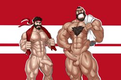 balls bara beard boner capcom chesschirebacon erection facial_hair gay headband male male_only muscles muscular penis penis_size_difference ryu_(street_fighter) semi-erect size_difference street_fighter street_fighter_v towel towel_around_neck towel_on_shoulder zangief