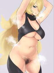 armpit_fetish armpits big_breasts blush breasts cleavage cynthia_(pokemon) female female_only hairy_pussy large_breasts looking_at_viewer musk nintendo pokemon pokemon_dppt pubic_hair smell solo underboob yotahen