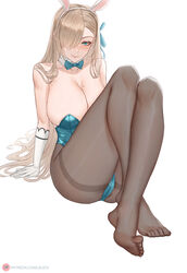 animal_ears asuna_(blue_archive) asuna_(bunny)_(blue_archive) bangs bare_shoulders blue_archive blue_eyes blue_leotard blush breasts brown_legwear bunny_ears cleavage detached_collar dorsiflexion fake_animal_ears feet female gloves hair_over_one_eye highleg highleg_leotard large_breasts leotard light_brown_hair long_hair looking_at_viewer lsls mole mole_on_breast no_shoes pantyhose playboy_bunny smile solo thighs toes white_gloves